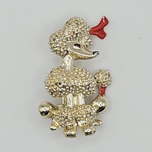 Vintage Poodle Brooch Pin Silver Tone with Red Bow